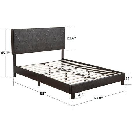 Queen Size Upholstered Platform Bed Frame Wood Slat Support Easy Assembly Black pu - V.I.P Digital Presence
