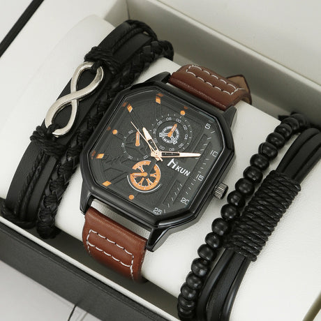 Fashion New Double Layer Square Shell Belt Casual Men's Sports Bracelet Set Quartz Watch - V.I.P Digital Presence