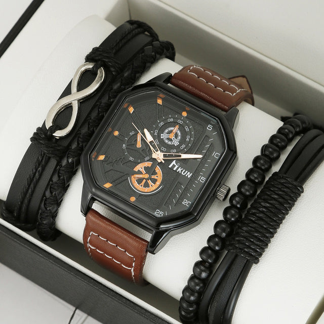 Fashion New Double Layer Square Shell Belt Casual Men's Sports Bracelet Set Quartz Watch - V.I.P Digital Presence