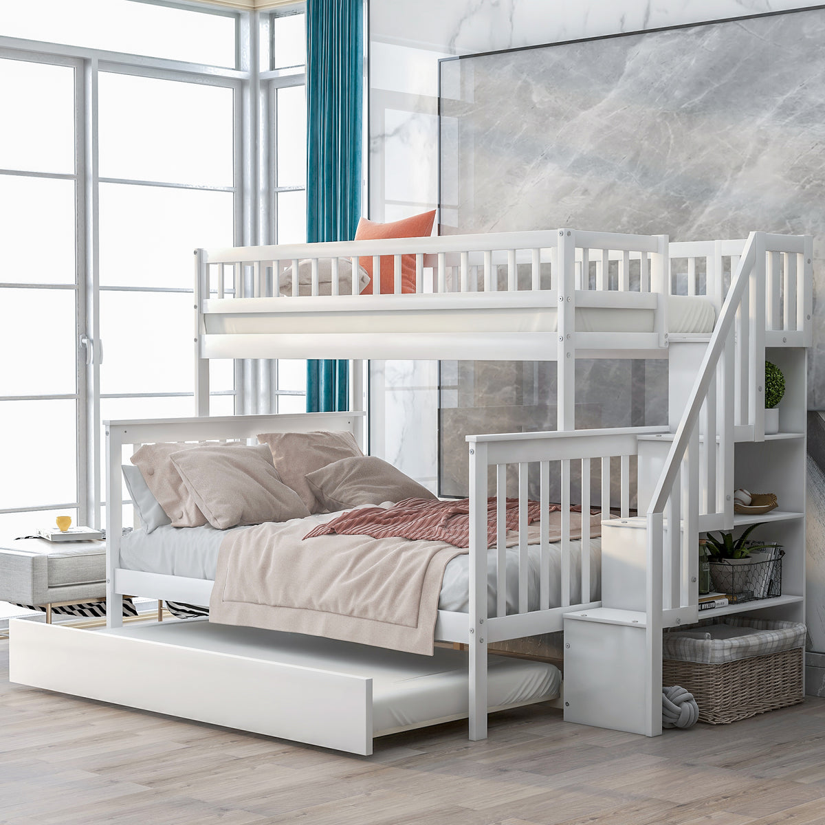 Twin over Full Bunk Bed with Trundle and Staircase White - V.I.P Digital Presence
