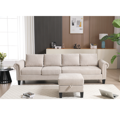 Convertible Sectional Sofa with Storage,L-shaped sofa,Four-seater sofa,Modern Linen Fabric Sectional Couches Beige - V.I.P Digital Presence