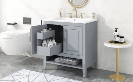 30" Bathroom Vanity with Sink, Multi-functional Bathroom Cabinet with Doors and Drawers, Solid Frame and MDF Board, Grey - V.I.P Digital Presence