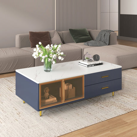 Modern Navy Blue Coffee Table with 2 Glass Door Storage, 4 Drawers, Gold Metal Legs, and Multi-Color Lighting in 47.2'' - V.I.P Digital Presence