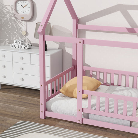 Twin Size Floor Wooden Bed with House Roof Frame, Fence Guardrails,Pink - V.I.P Digital Presence