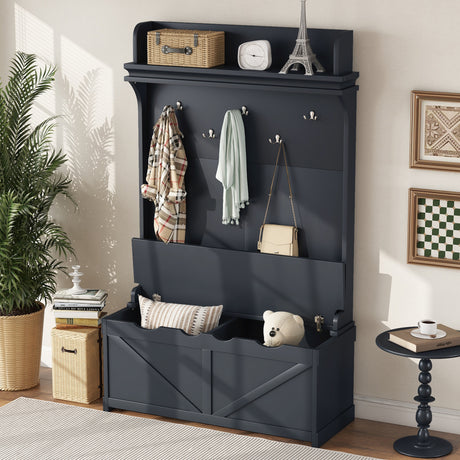 Hall tree with storage desk, entrance desk with drawers and 5 hooks, display rack, dark blue - V.I.P Digital Presence