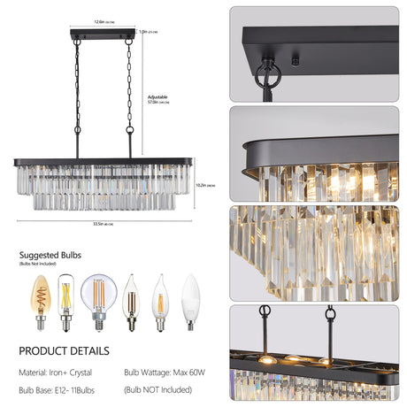 Chandeliers,Rectangular Crystal Chandelier Adjustable,E12 Modern Industrial Crystal Lights (Bulb Not Included) - V.I.P Digital Presence