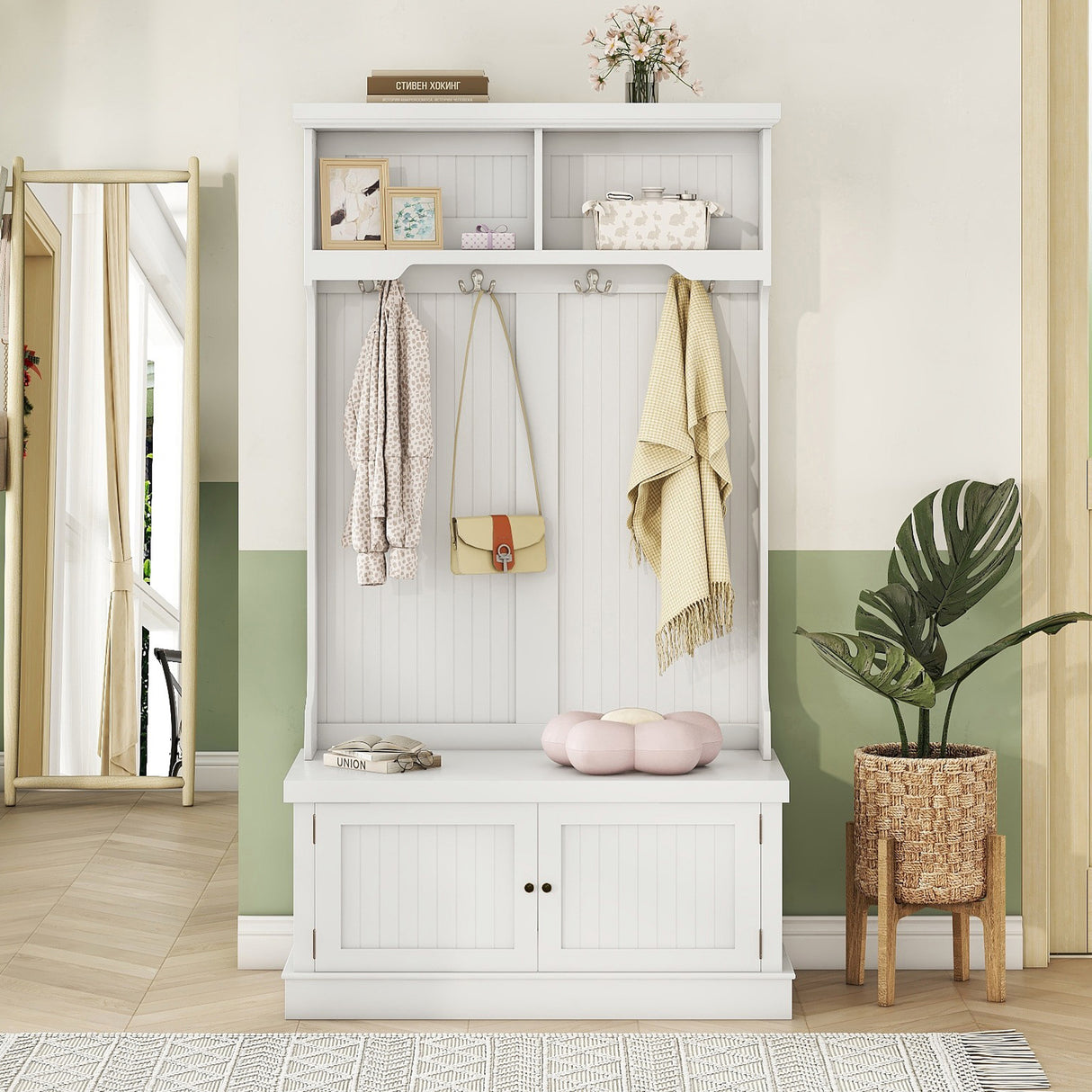 Hall Tree with Storage Shoe Bench for Entryway and Hallway, 4-in-1 Design Coat Racks with 4 Hooks for Living Room, White - V.I.P Digital Presence