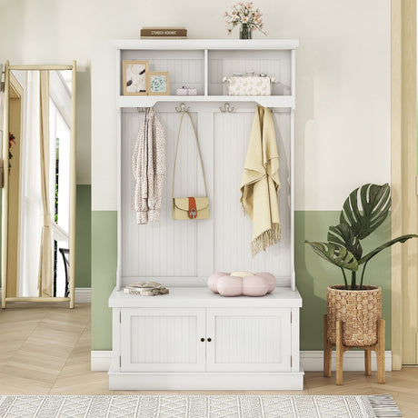 Hall Tree with Storage Shoe Bench for Entryway and Hallway, 4-in-1 Design Coat Racks with 4 Hooks for Living Room, White - V.I.P Digital Presence