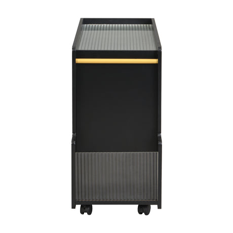 Stylish mobile desk with lockable wheels,bedside table with 5mm thick grooved tempered glass and gold round bars ，black - V.I.P Digital Presence
