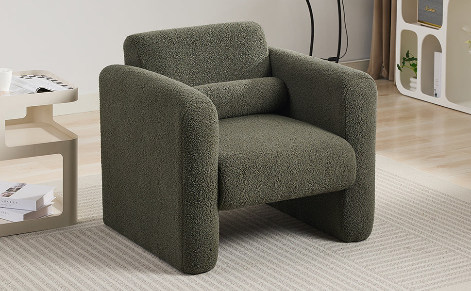 Modern style chair with sheepskin Sherpa fabric soft cushion, comfortable armchair, soft with backrest and pillow, seaweed green - V.I.P Digital Presence
