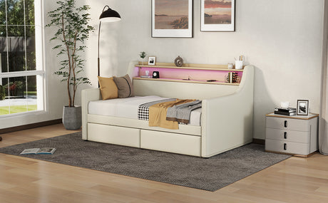 Twin Size Daybed with Storage Drawers, Upholstered Daybed with Charging Station and LED Lights, Beige - V.I.P Digital Presence