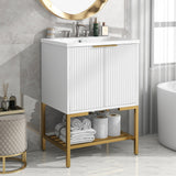 24" Bathroom Vanity with Sink, Bathroom Vanity Cabinet with Two Doors and Gold Metal Frame, Open Storage Shelf, White - V.I.P Digital Presence