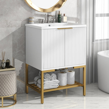 24" Bathroom Vanity with Sink, Bathroom Vanity Cabinet with Two Doors and Gold Metal Frame, Open Storage Shelf, White - V.I.P Digital Presence