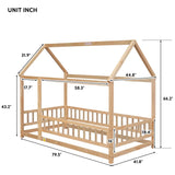 Twin Size Floor Wooden Bed with House Roof Frame, Fence Guardrails - V.I.P Digital Presence