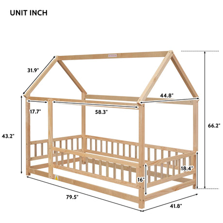 Twin Size Floor Wooden Bed with House Roof Frame, Fence Guardrails - V.I.P Digital Presence