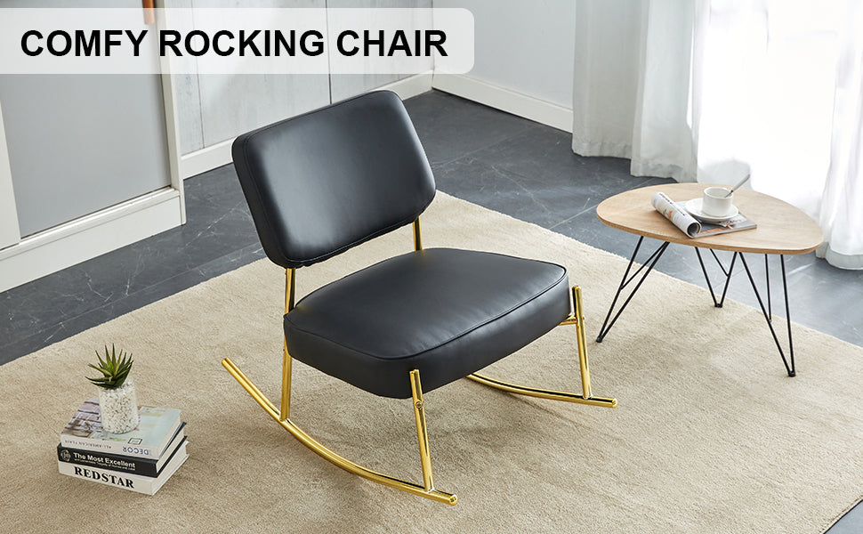 PU material cushioned rocking chair unique rocking chair cushioned seat black backrest rocking chair and gold metal legs