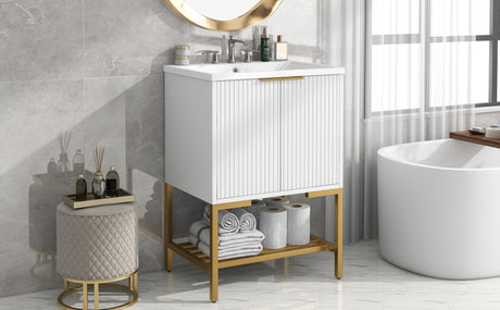 24" Bathroom Vanity with Sink, Bathroom Vanity Cabinet with Two Doors and Gold Metal Frame, Open Storage Shelf, White - V.I.P Digital Presence