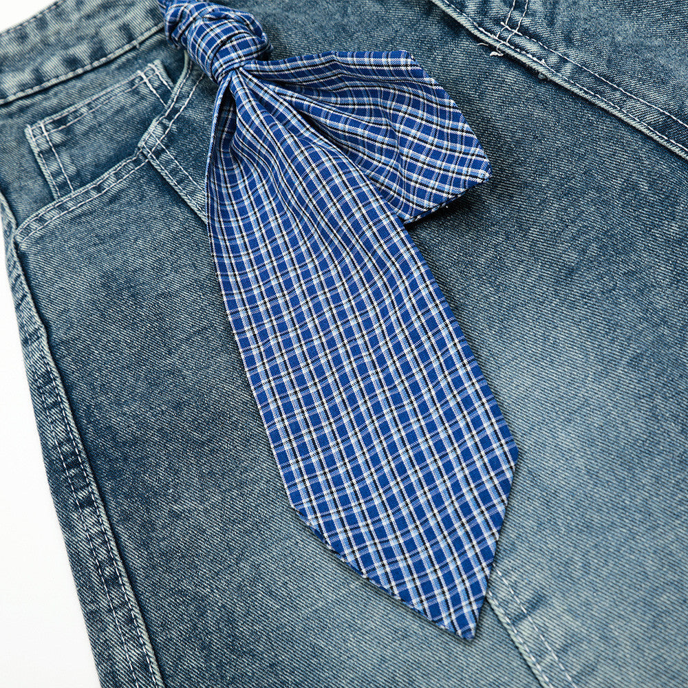 Punk Washed Distressed Denim Shorts Men's Summer Plaid Belted Contrast Pocket Loose Wide-Leg Three-Quarter Pants - V.I.P Digital Presence