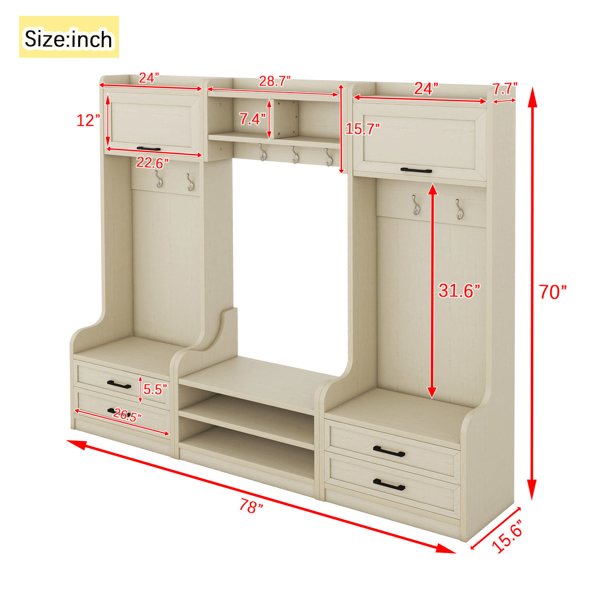 Four in one detachable hall tree with drawers and cabinets, 7 hooks, multifunctional corridor hangers, antique beige shoe stools - V.I.P Digital Presence