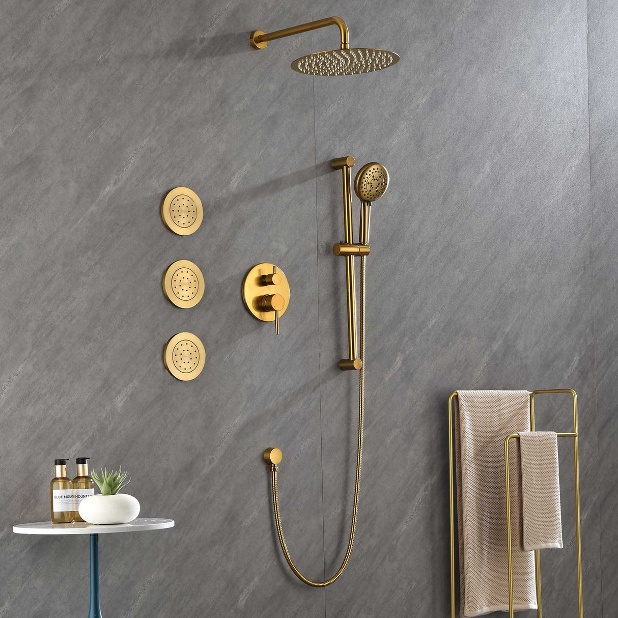 Shower System with Shower Head  Hand Shower Slide Bar Bodysprays, Shower Arm  Hose Valve Trim  and Lever Handles - V.I.P Digital Presence
