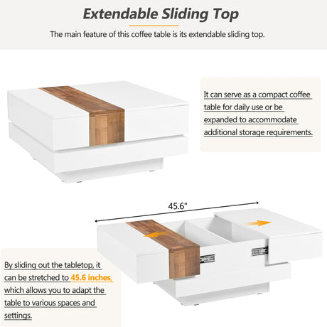 ON-TRANS 31.4 inches x 31.4 inches with sliding tabletop, high gloss center table, hidden storage room white - V.I.P Digital Presence