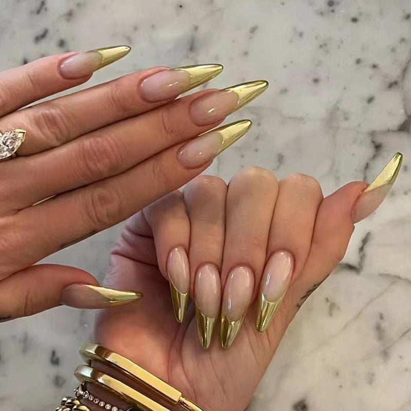 Simple pearlescent gold French almond nail wear nails special nail pieces wholesale finished wind fake nails - V.I.P Digital Presence