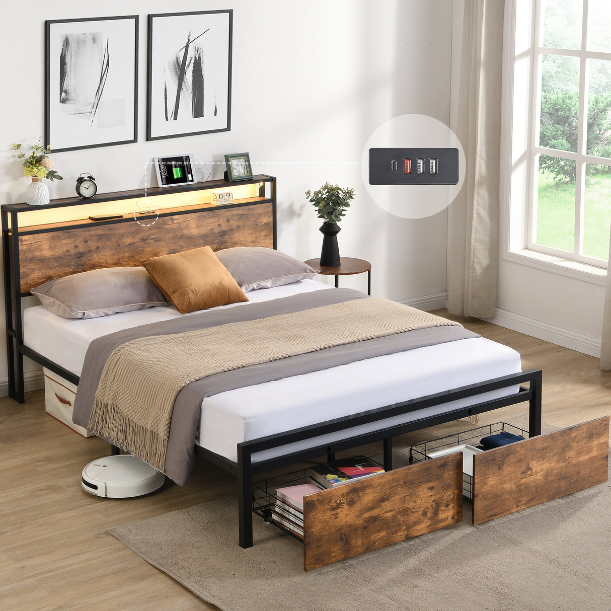 Large bed frame with storage headboard and 2 drawers, LED light bed, charging station, metal platform bed - V.I.P Digital Presence