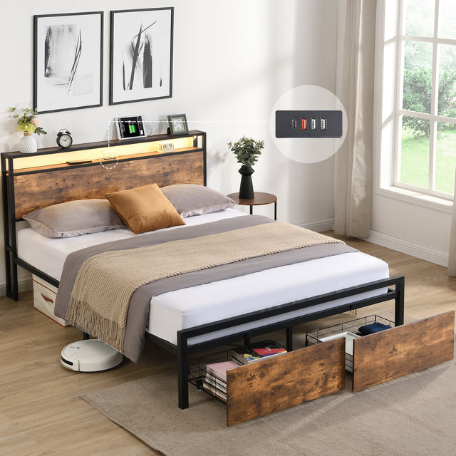 Large bed frame with storage headboard and 2 drawers, LED light bed, charging station, metal platform bed - V.I.P Digital Presence