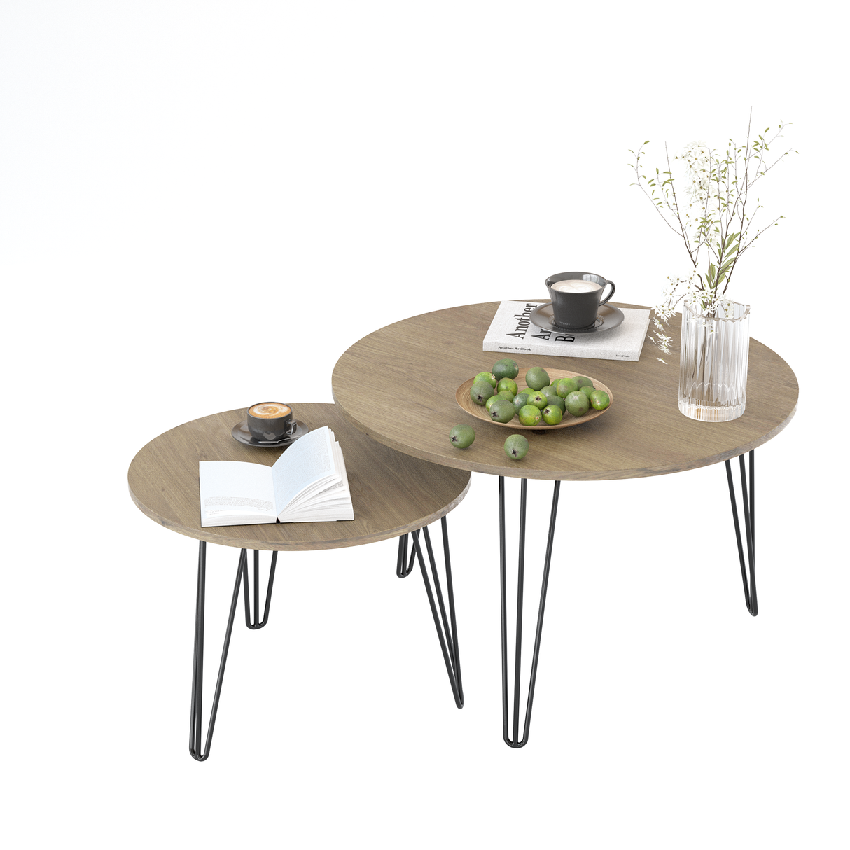 27.56'' Round Nesting Coffee Table Set of 2, Circular Nesting End Table Set  Sturdy Metal Base for Living Room, bedroom, Brown - V.I.P Digital Presence