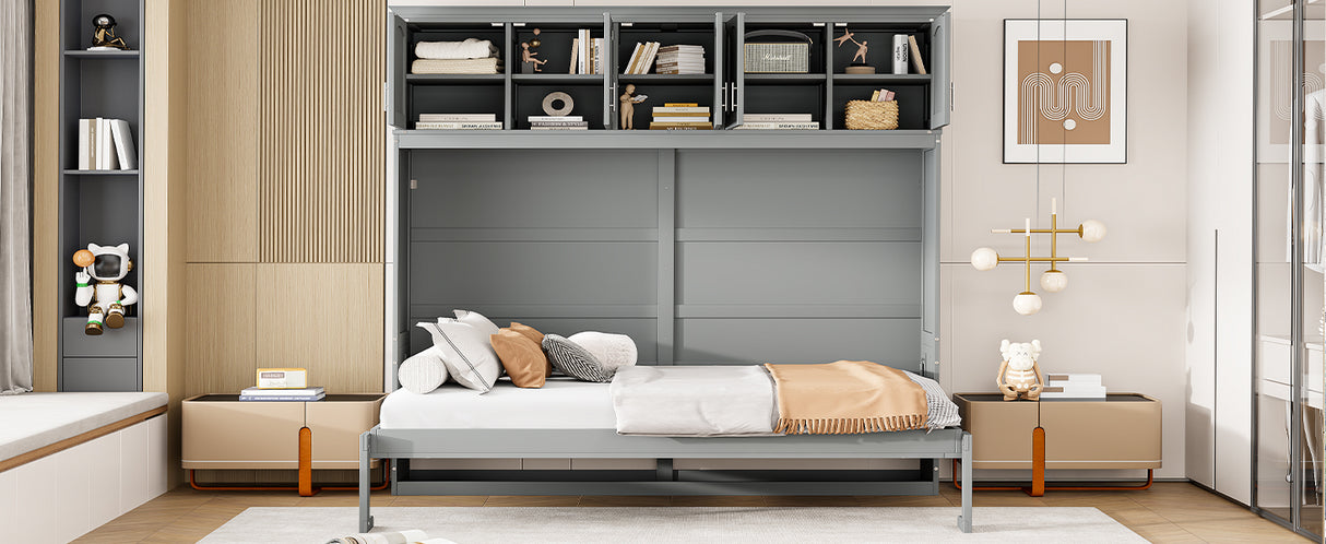 Full Size Murphy Bed Wall Bed with Top Cabinets,Gray - V.I.P Digital Presence