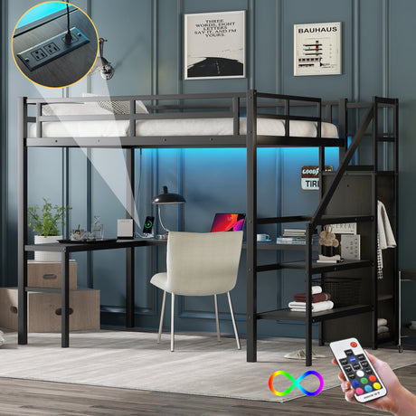 Full sized loft bed with L-shaped desk and USB, metal loft bed with wardrobe and adjustable shelf, black color - V.I.P Digital Presence