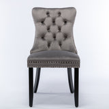 Modern high-end plush solid wood velvet cushioned dining chair with wooden leg nail head decoration, two piece set in gray