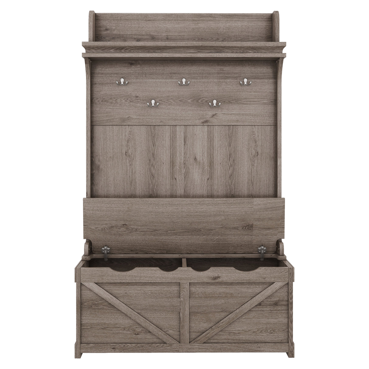 Hall tree with storage desk, entrance desk with drawers and 5 hooks, display rack,Oak - V.I.P Digital Presence