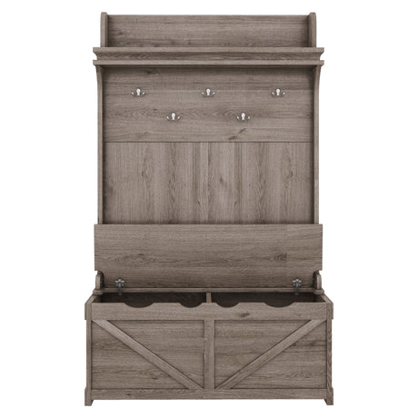 Hall tree with storage desk, entrance desk with drawers and 5 hooks, display rack,Oak - V.I.P Digital Presence