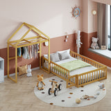 Wooden Full Size Children's Bed with Detachable Headboard and Integrated Clothes Drying Rack, Natural - V.I.P Digital Presence