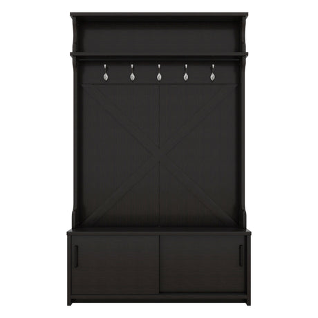 Hall tree with roof rack and storage platform, corridor shoe cabinet with sliding door, clothes hanger with 5 hooks black - V.I.P Digital Presence