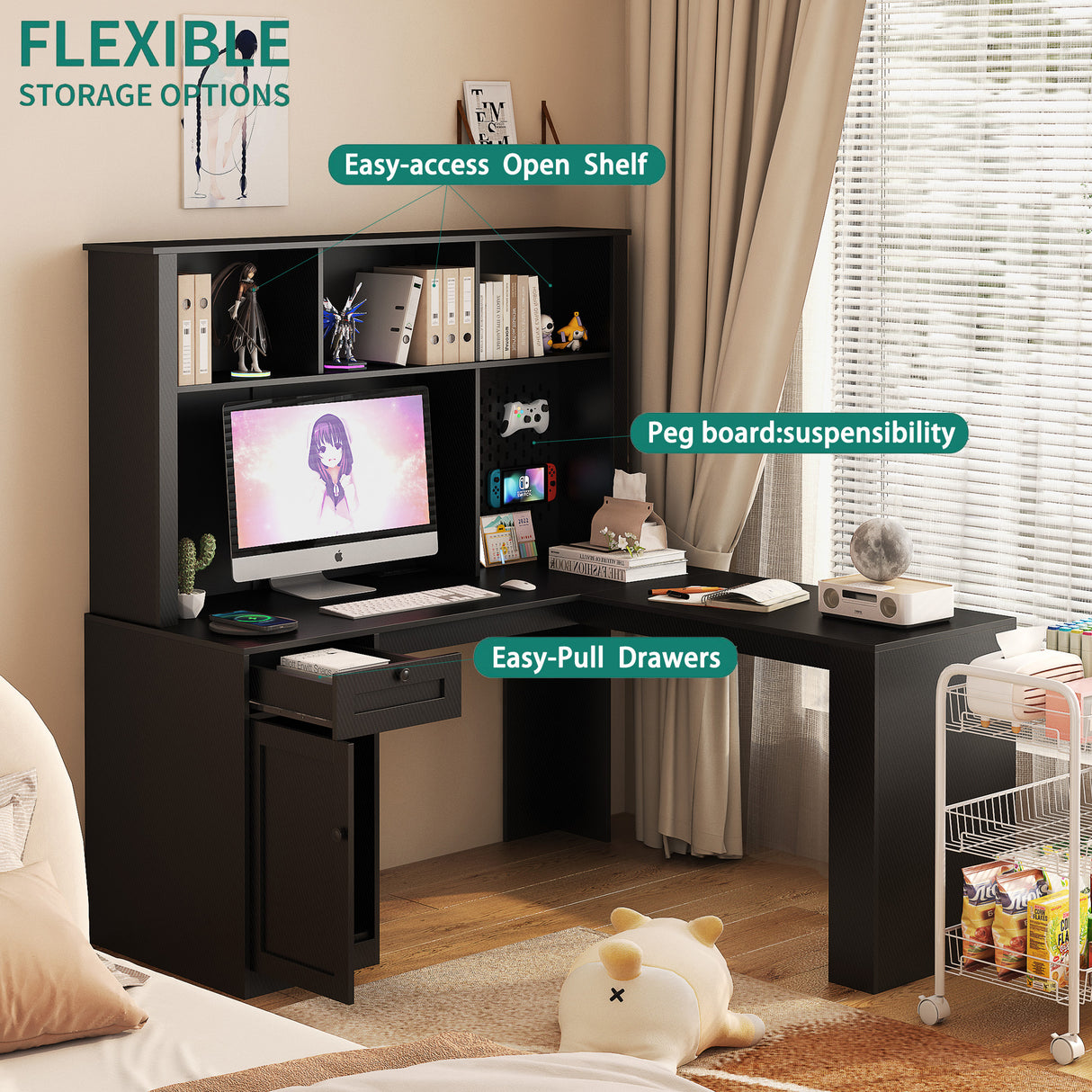 Writing desk with drawer bookshelf and charger, modern L-shaped desk with storage space, corner gaming computer desk - V.I.P Digital Presence