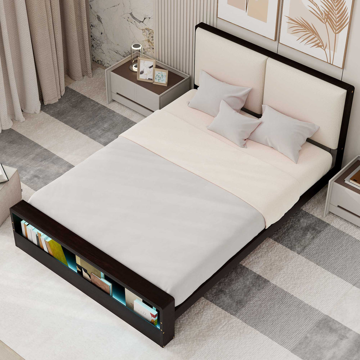 Queen Size Platform Bed Frame with Upholstery Headboard and Bookshelf in Footboard and LED Light Strips, Espresso - V.I.P Digital Presence