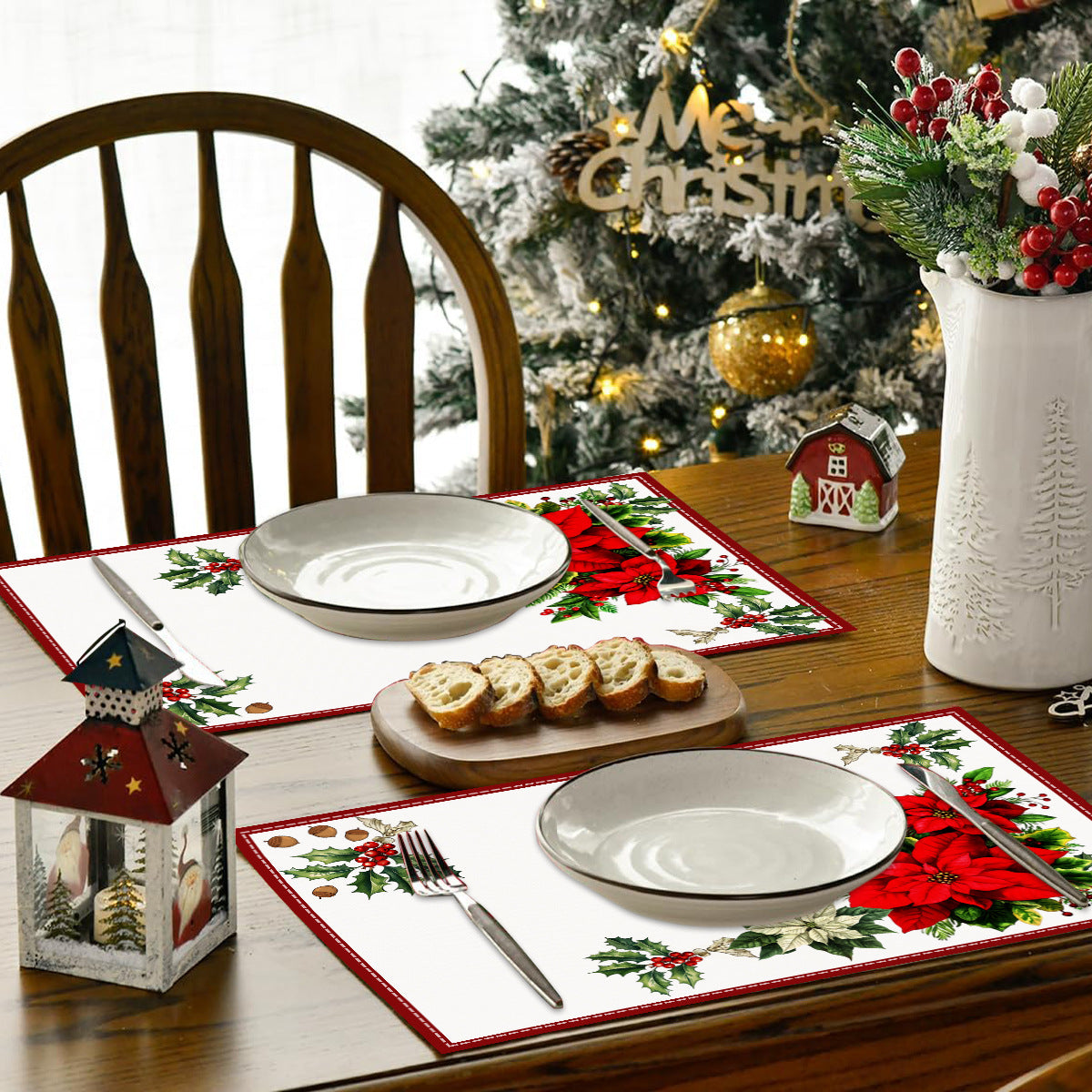 Christmas Red Flower Meal Mat Flower Pinecone Printed Table Mat Holiday Table Insulation Mat - V.I.P Digital Presence