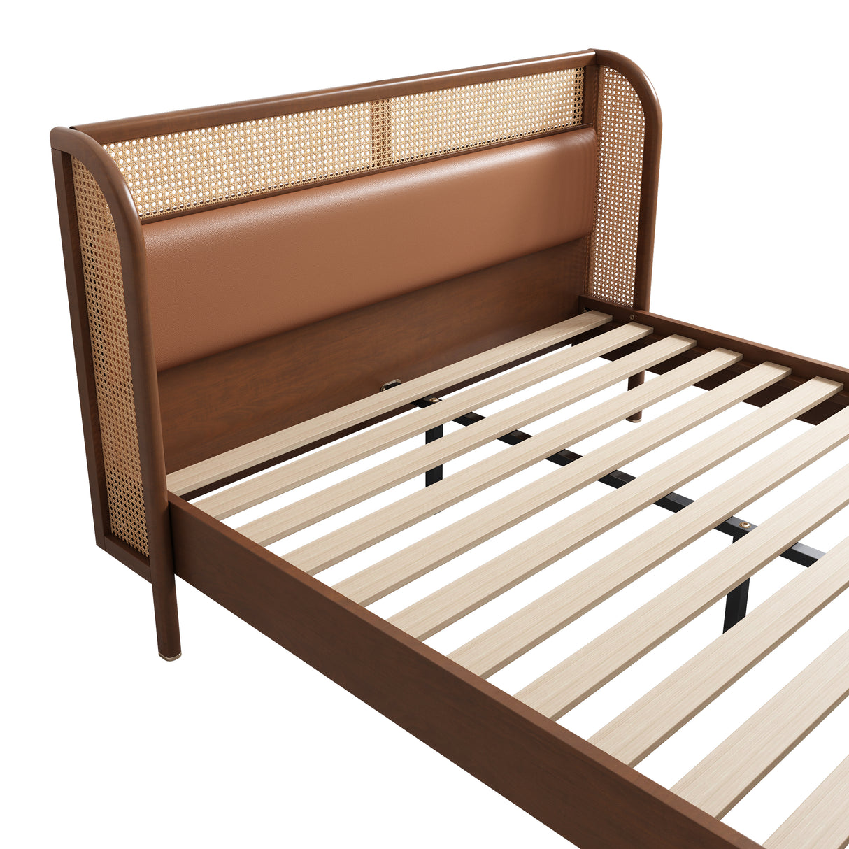 Modern Cannage Rattan Wood Platform Queen Bed Walnut