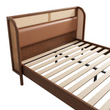 Modern Cannage Rattan Wood Platform Queen Bed Walnut