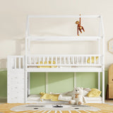 TWIN/TWIN HOUSE BUNK BED WITH SHELVES AND DRAWERS FOR WHITE COLOR - V.I.P Digital Presence
