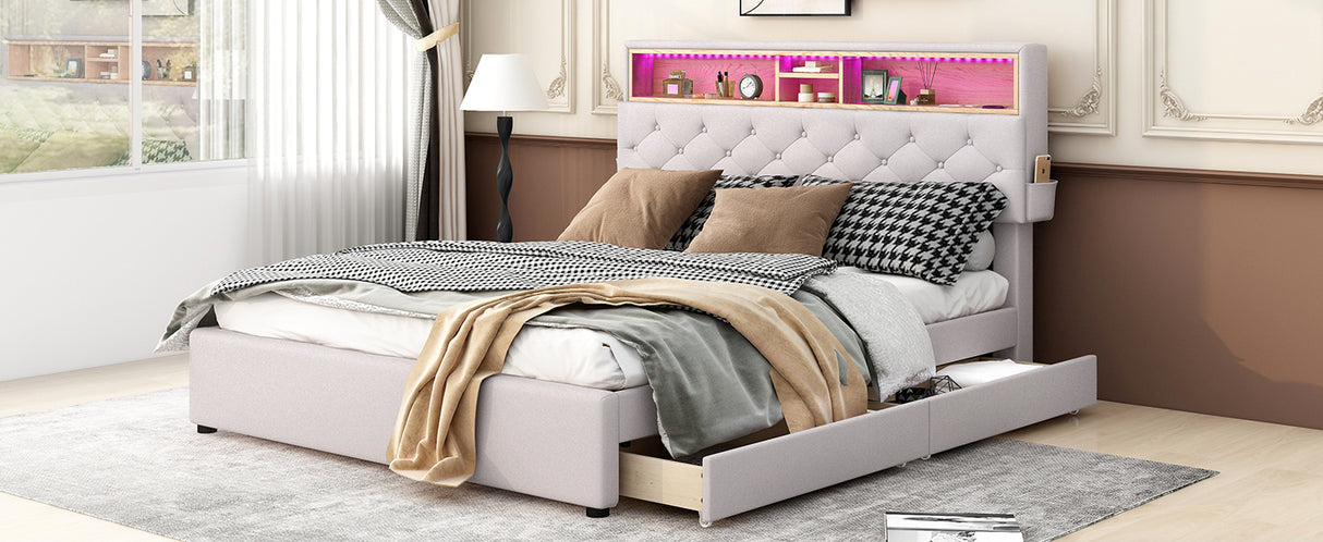 Queen Size Upholstered Platform Bed with Storage Headboard  LED  USB Charging and 2 Drawers  Beige