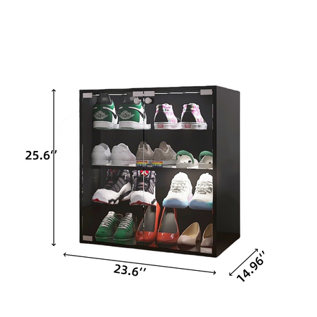 4 Layers Black Shoe Cabinet with Glass Door and Glass Layer Shoes Display Cabinet with LED light Bluetooth Control - V.I.P Digital Presence