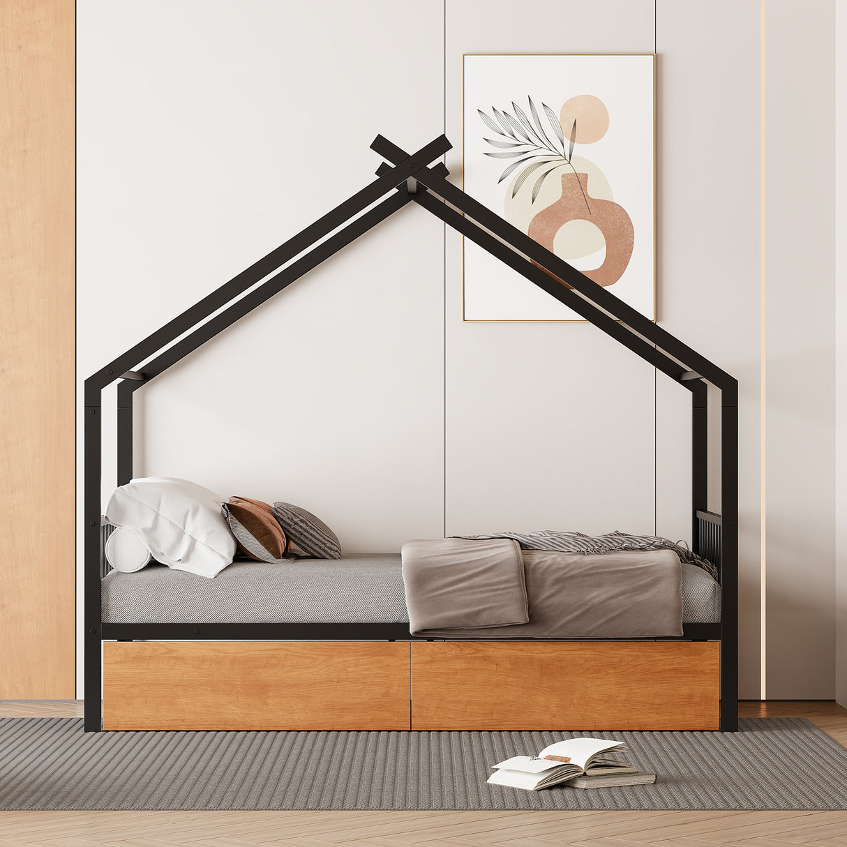Twin Size Metal House Bed with Two Drawers, Black - V.I.P Digital Presence