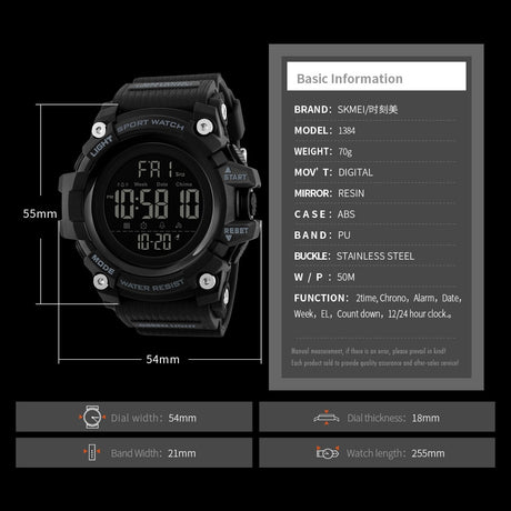 SKMEI 1384 Countdown Stopwatch Sport Watch Mens Watches Top Brand Luxury Men Wrist Watch Waterproof LED Electronic Digital Male Watch - V.I.P Digital Presence