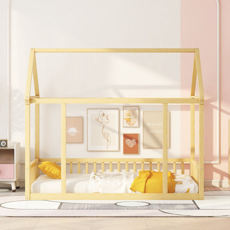 Twin Size Floor Wooden Bed with House Roof Frame and Safety Guardrails,Natural - V.I.P Digital Presence