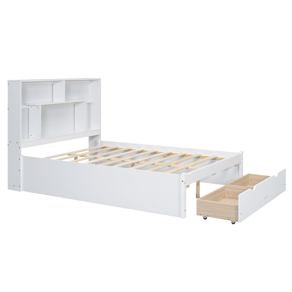 Full Size Platform Bed with Storage Headboard and 2 Drawers, White - V.I.P Digital Presence