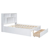 Full Size Platform Bed with Storage Headboard and 2 Drawers, White - V.I.P Digital Presence