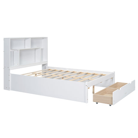 Full Size Platform Bed with Storage Headboard and 2 Drawers, White - V.I.P Digital Presence